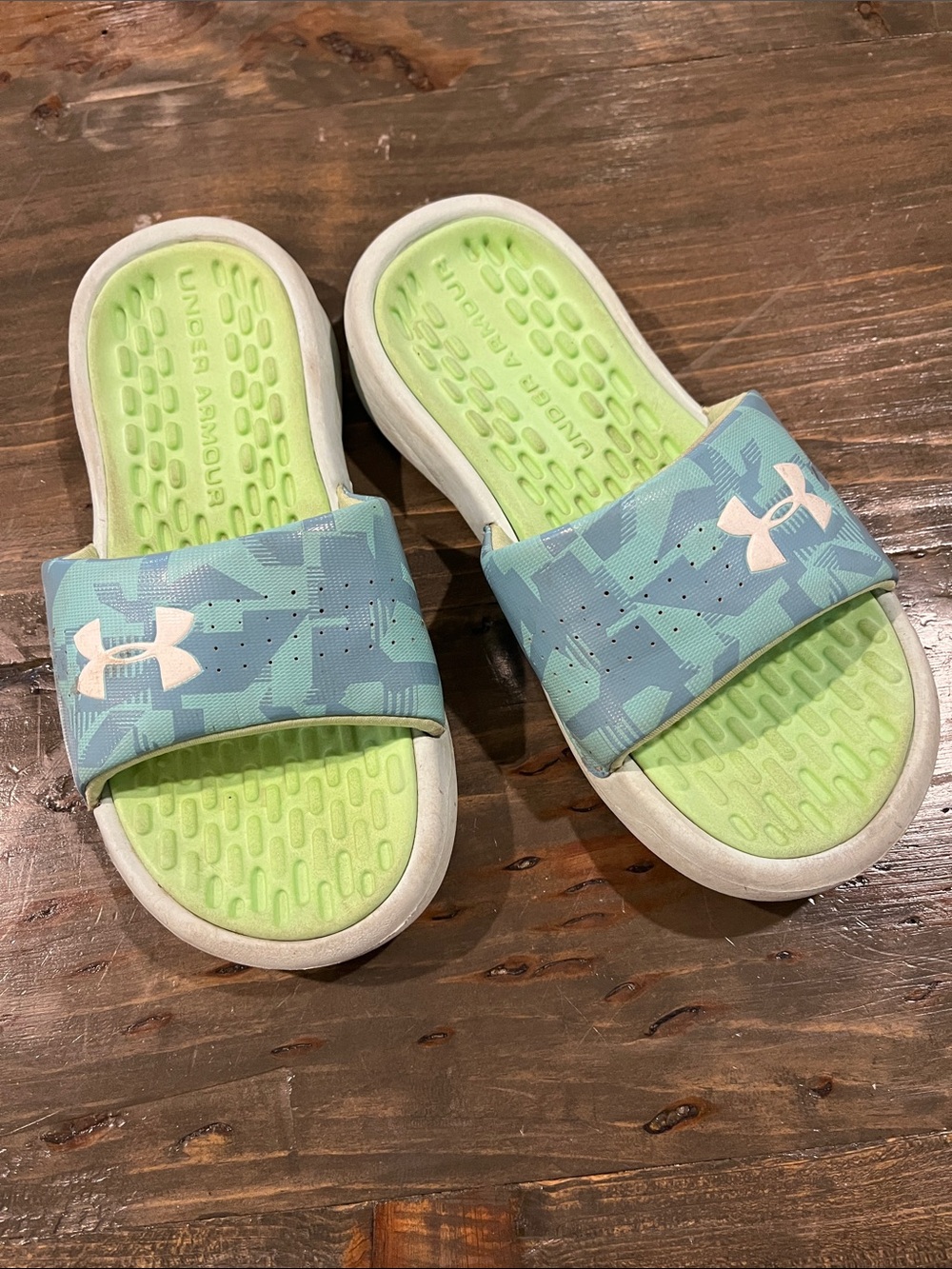 Under Armour Kids Slide Sandals in Light Blue Camo and Lime Green